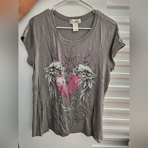 Twisted Courtesy Gray Tee Pink Heart & Wings Graphic